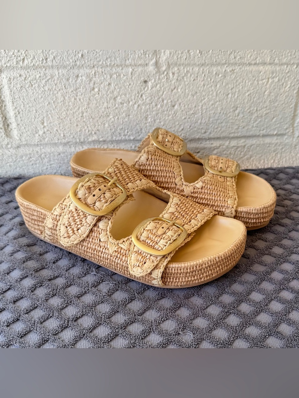 Loeffler Randall Theo Cotton-Blend Raffia Platform Two Straps Sandals Size 9.5 - Picture 1 of 10